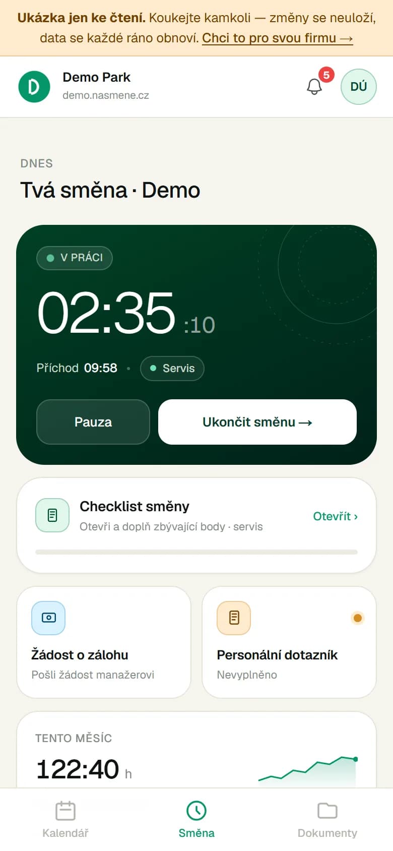 Pohled zaměstnance na telefonu: aktuální směna, checklist, žádost o zálohu