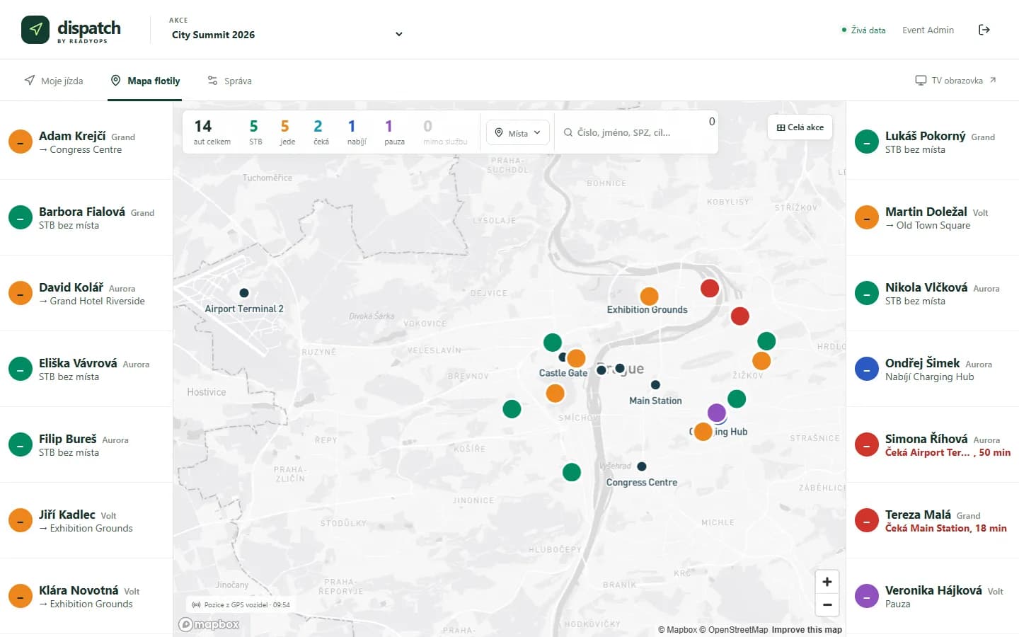 Živá mapa flotily: každý vůz se stavem, řidičem a cílem