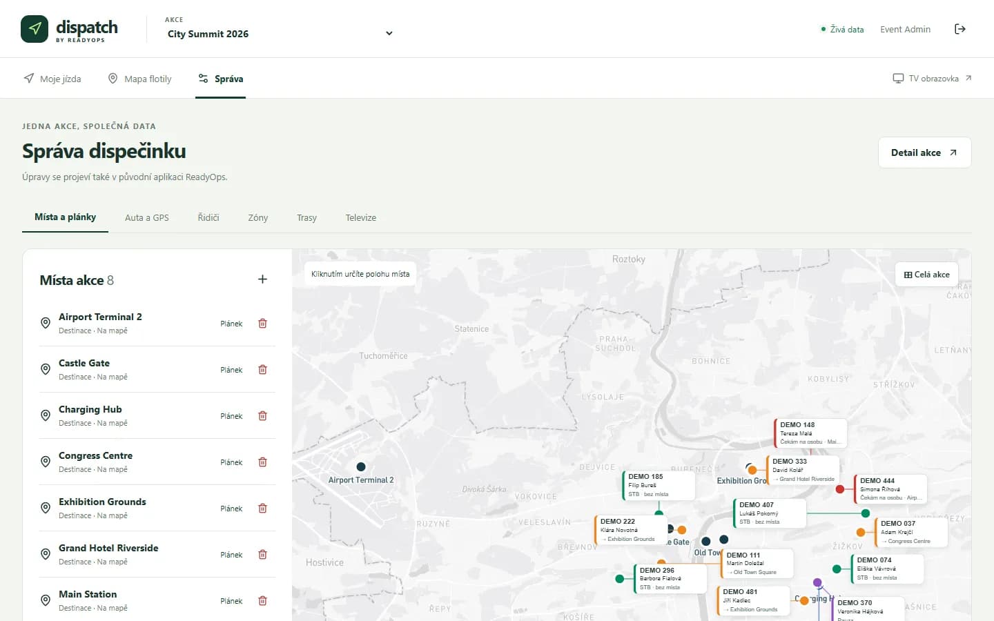 Správa dispečinku: místa akce, auta a GPS, řidiči, zóny, trasy, TV