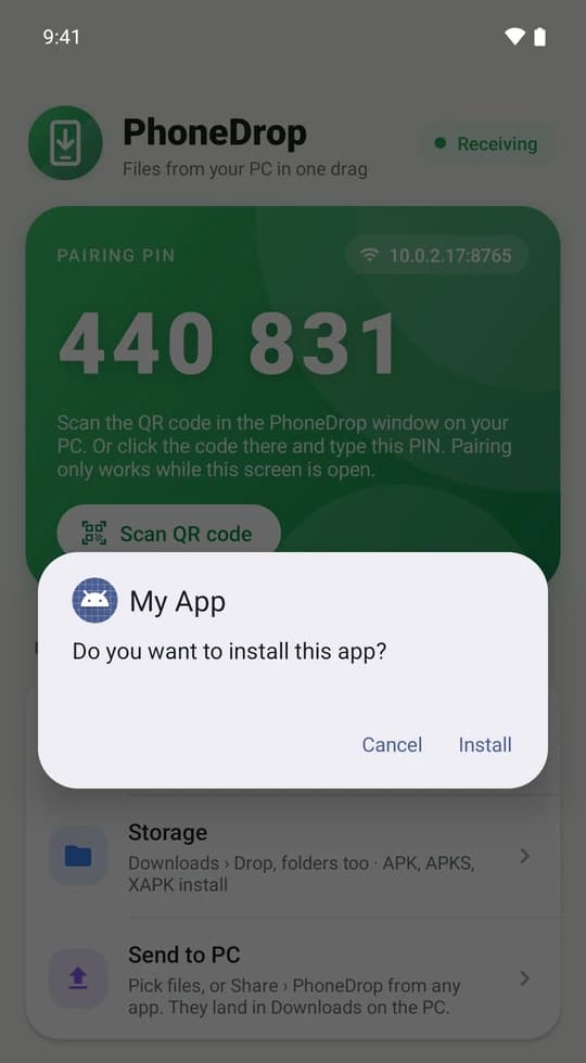 One-tap APK install on the phone