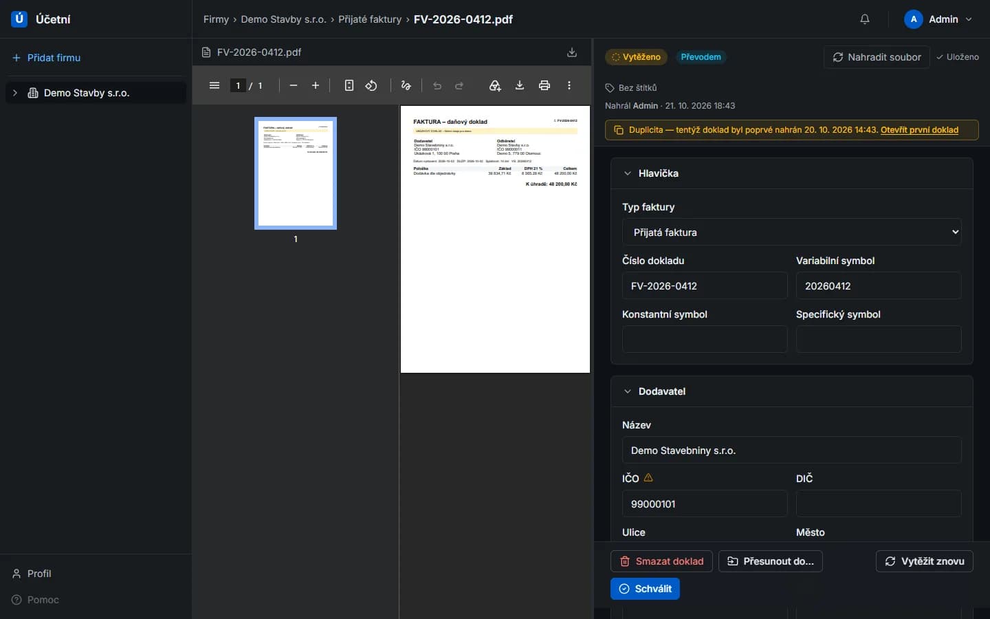 Kontrola dokladu: originální PDF vedle vytěžených údajů, s odhalenou duplicitou